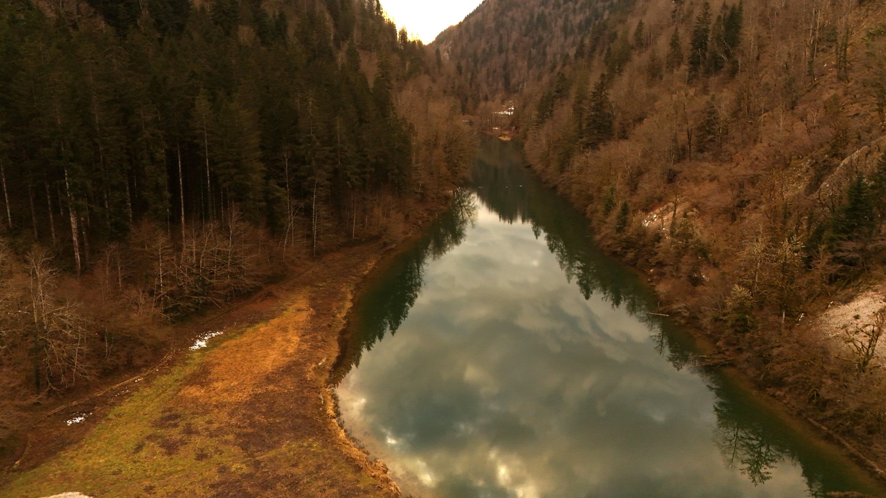 Luftaufnahme einer Naturlandschaft mit Wasser und Wald